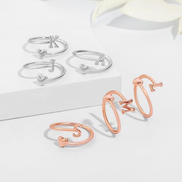 Heart Initial Rings for Women Teen Girls, Stackable Rings Cute Dainty Adjustable - Picture 7 of 8